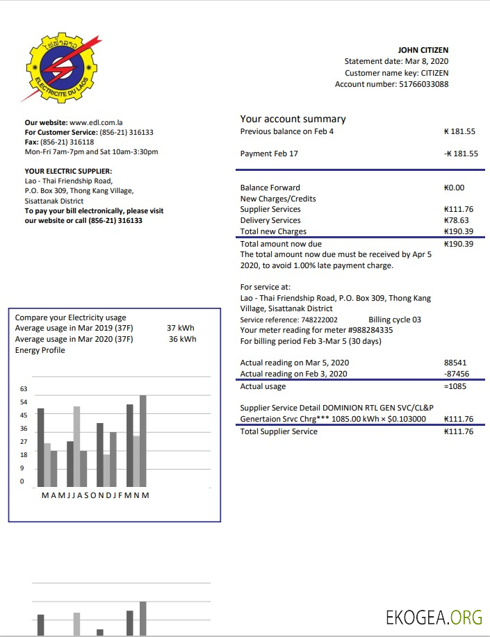 Laos Electricite du Laos electricity utility bill template in Word and PDF format